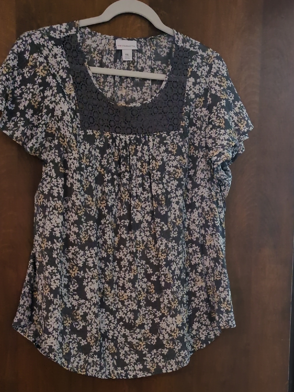 Liz Claiborne Black Floral Crochet-Yoke Blouse